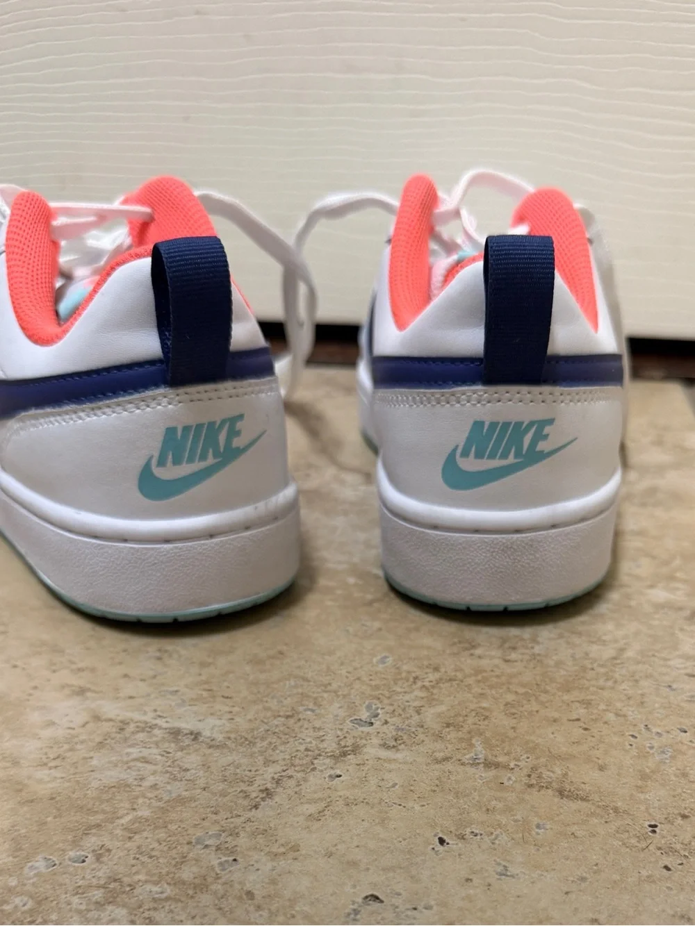 Nike Court Borough Low 2 White Sneakers with Navy Swoosh, Turquoise Coral Lining